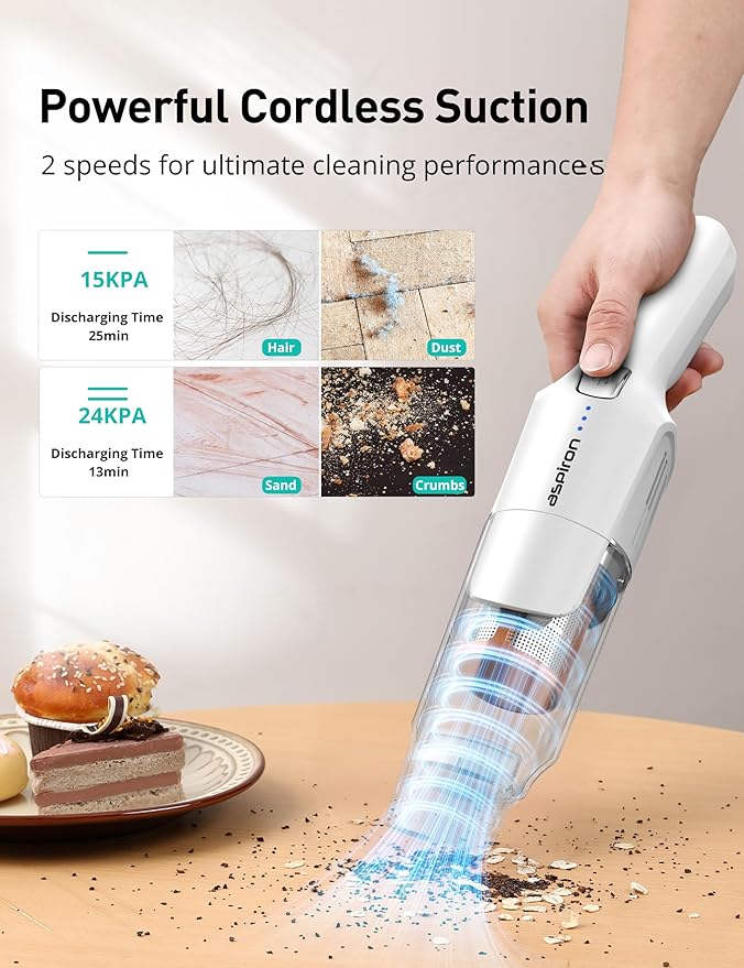 Aspiron Cordless Handheld Vacuum, 24KPA Powerful Car Vacuum, 2-Speed, 2 Charging Methods, Wireless Charger, Ergonomic Handle,