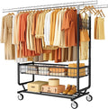 Gewudraw Heavy Duty Clothes Rack with Metal Basket, 1060 LBS Rolling Double Rod Garment Rack, Portable Extendable Clothing Ra