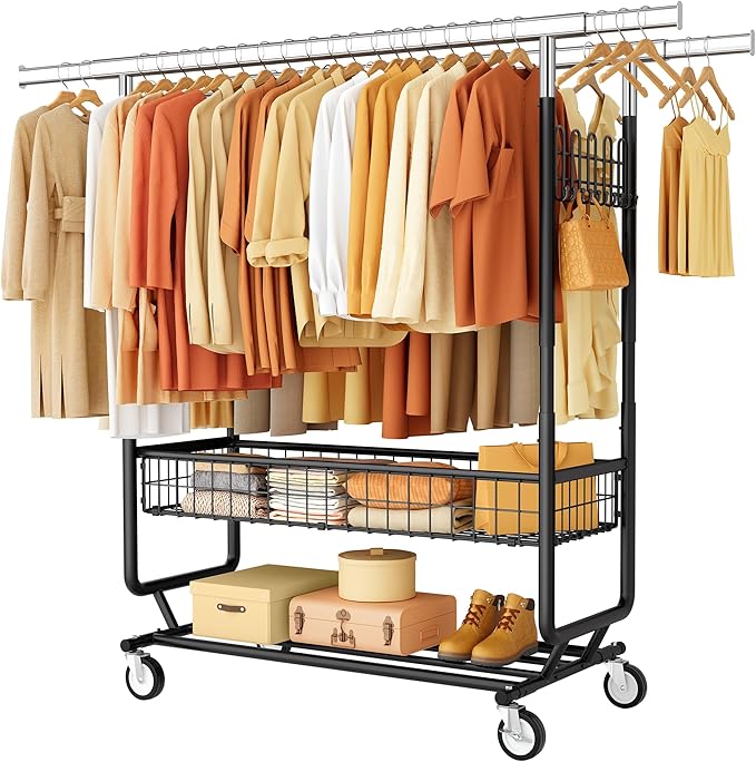 Gewudraw Heavy Duty Clothes Rack with Metal Basket, 1060 LBS Rolling Double Rod Garment Rack, Portable Extendable Clothing Ra