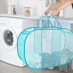 Seiritex Mesh Popup Laundry Hamper 3 Compartment Sortable Horizontal Collapsible Laundry Basket for Clothes Laundry Room Bedr