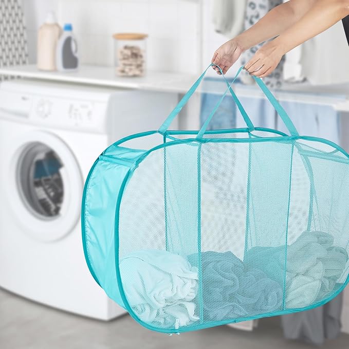 Seiritex Mesh Popup Laundry Hamper 3 Compartment Sortable Horizontal Collapsible Laundry Basket for Clothes Laundry Room Bedr