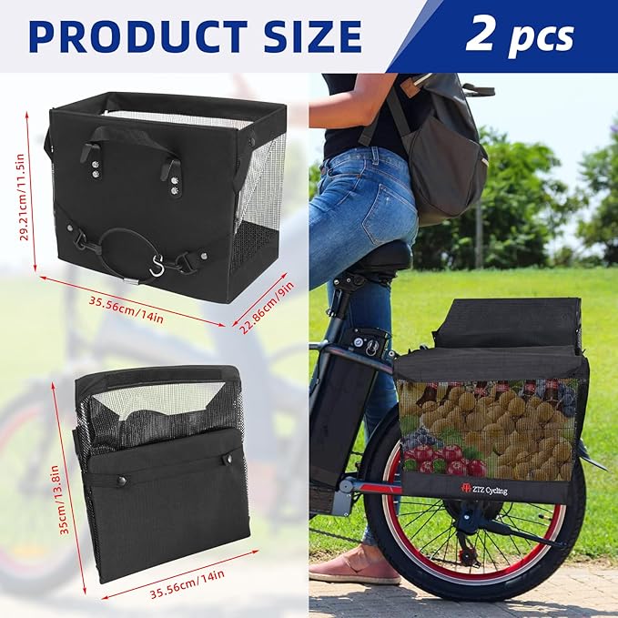 Bicycle Grocery Panniers, 2PCS Foldable Bike Panniers Bags for Rear Rack, Rear Bike Basket Ebike Rear Rack Bags for Shopping Cycling Traveling Commuting(2 Pack)