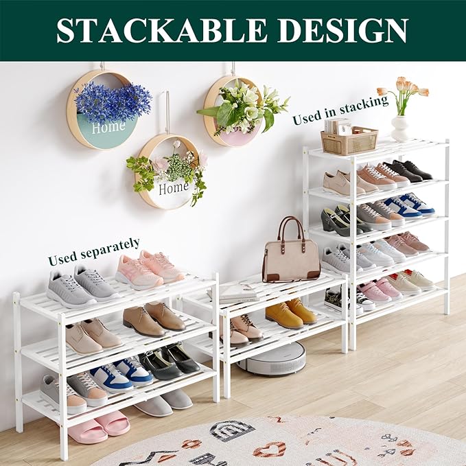 Smiry Bamboo Shoe Rack 3-Tier, Stackable Wooden Shoe Organizer for Entryway & Closet, Free Standing Wood Shoe Storage Shelf f