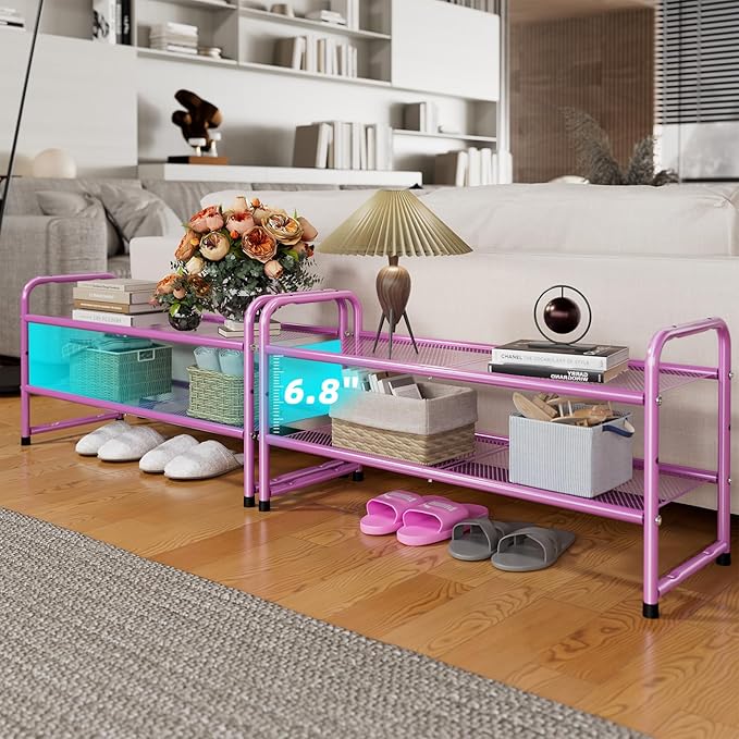 SUFAUY 2-Tier Mesh Shoe Rack, Closet Metal 33" Wide Shoe Shelf Heavy Duty, Pink
