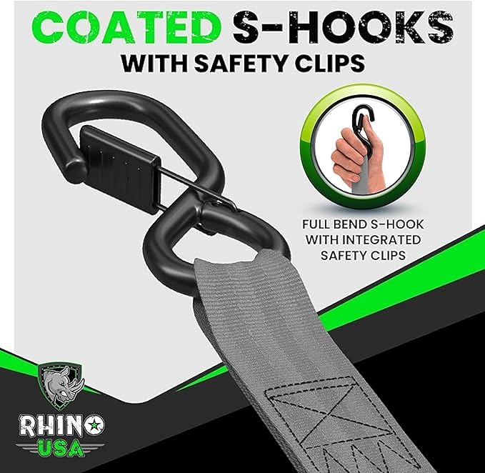 Rhino USA Retractable Ratchet Straps (4-Pack) - 1 Inch x 10 Feet (1,209lb Break Strength) - Auto Self Retracting Tie Down Straps for Truck, Cargo Trailer, Motorcycle, ATV, UTV - Gray