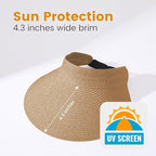 Sun Visor Hat for Women, Wide Brim Straw Summer UV Protection Hat, Foldable Roll-up Packable Beach Cap