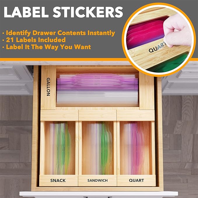 SpaceAid Bamboo Drawer Dividers with Inserts 6 Dividers with 12 Inserts (17-22 in) Bag Storage Organizer for Kitchen Drawer (