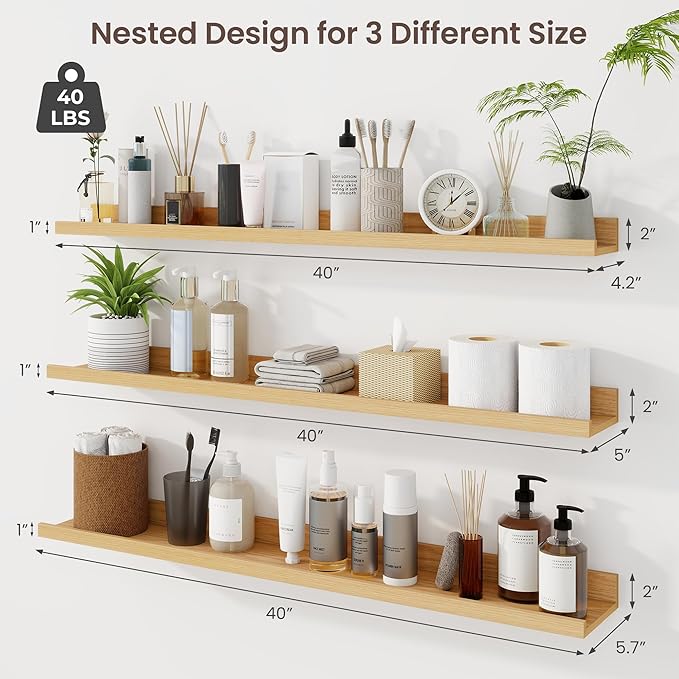 Axeman 40 Inch Floating Shelves | Oak Picture Ledge Shelf Set of 3 | Rustic Wood Wall Shelves with Lip | 40" Oak Picture Shel