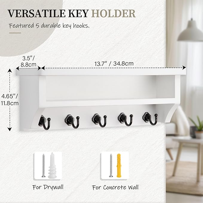 Nekon Key Holder Wall Mount, Wall Organizer Shelf with 5 Key Hooks, Room Decor for Home and Apartment Essentials, White