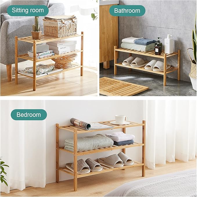 viewcare 4-Tier Bamboo Shoe Rack for Entryway, Stackable | Foldable | Natural, Shoe Organizer for Hallway Closet, Free Standi