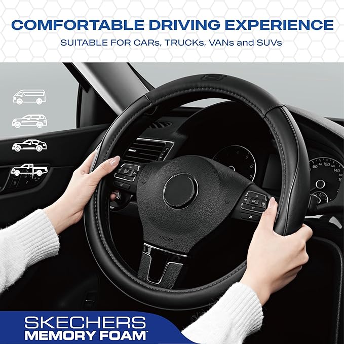 Skechers Memory Foam Steering Wheel Cover,Piping Microfiber Leather Steering Wheel Cover Sporty Universal Fit 14" 1/2-15" Car
