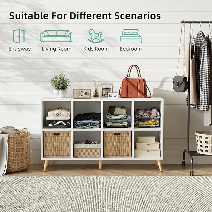 Flrrtenv 8-Cube Bookshelf 2 Tier Modern Bookcase with Legs, 11in Shelf Opening, 47" Wood Bookshelves Storage Organizer Shelf,