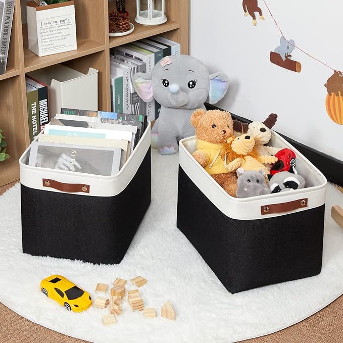 HNZIGE Decorative Organizer Baskets for Shelves 16"×11.8"×11.8" Large Storage Bins with Leather Handles (2 Pack) Foldable Sto