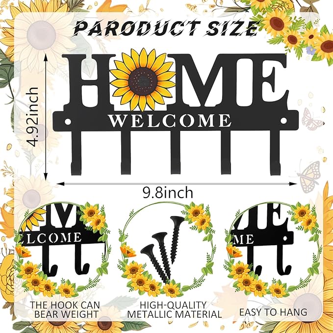 Key Holder Wall Mount Sunflower Metal Key Hooks Organizer Hanger Coat Rack with 5 Hooks Rustic Farmhouse Decorative Welcome H