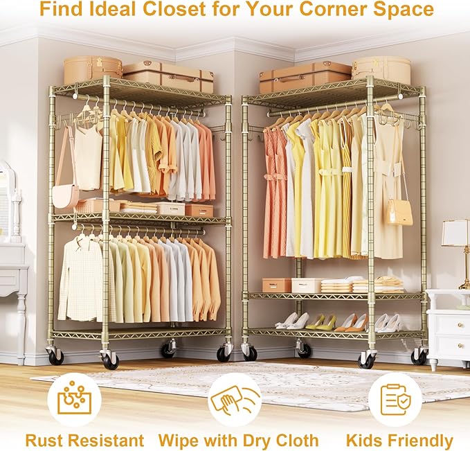 ULIFHOME P1 Rolling Clothes Rack, Portable Wardrobe Closet with Wheels, Heavy-Duty Closet Clothing Rack for Hanging Clothes, 