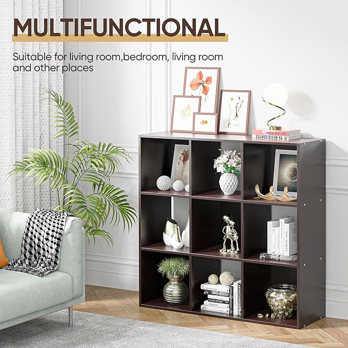 SUPER DEAL 9 Cube Storage Organizer, 3 Tier Bookshelf Open Shelf Display Rack with 5 Removable Back Panels Wood Bookshelf Sys