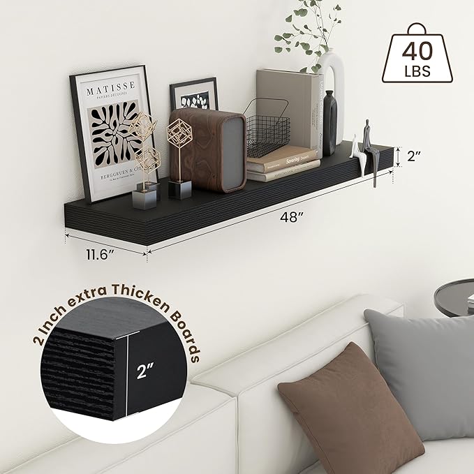 48 Inch Black Floating Shelf | 12 Inch Deep Floating Shelves Set of 1 | 48" D x 12" D Rustic Wood Shelves for Wall | Deep Bla