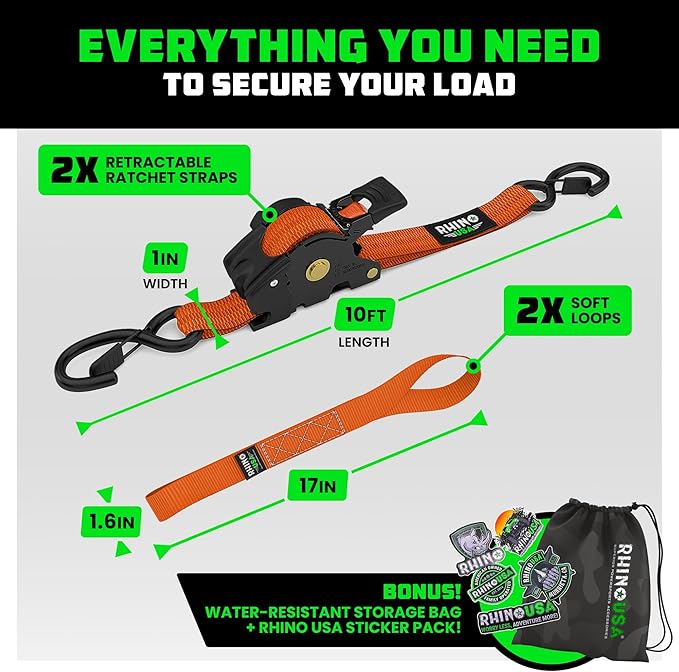 Rhino USA Retractable Ratchet Straps (2-Pack) - 1 Inch x 10 Feet (1,209lb Break Strength) - Auto Self Retracting Tie Down Straps for Truck, Cargo Trailer, Motorcycle, ATV, UTV - Orange