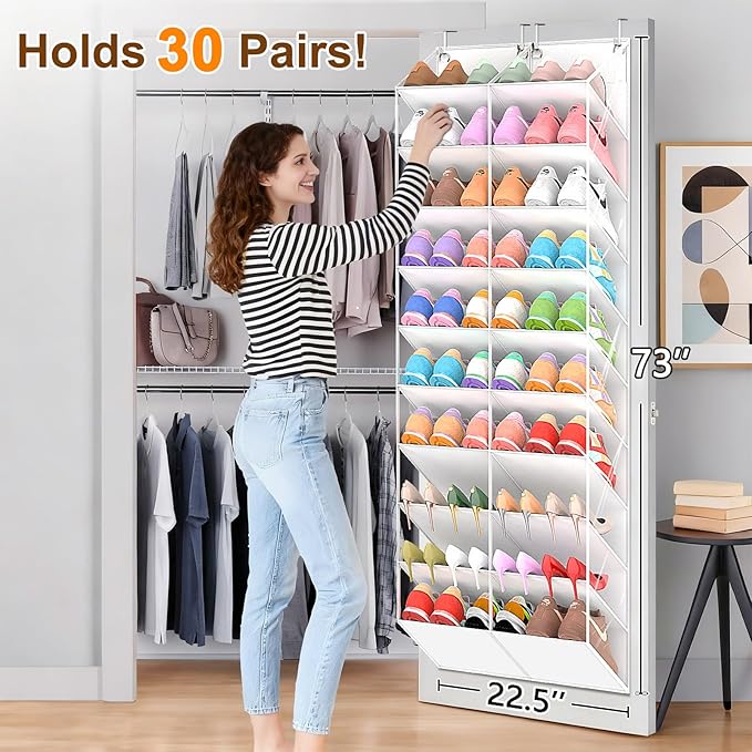 UVIAHOMI 20-30 Pairs Over the Door Shoe Organizer, Clear Pockets Hanging Shoe Storage for Closet, 10-Tier Door Shoes Rack, Ha