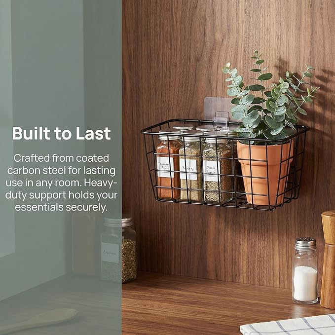 2 Set Adhesive Hanging Wall Basket Inside Cabinet Door Organizer,Wall Storage Basket-No Drilling Adhesive wall Basket for Cup