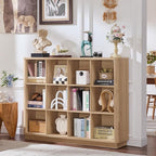 Joaxswe 12 Cube Storage Organizer, 41" Large Bookshelf with Curved Edge, Wood Floor Standing 3-Tier Cubby Bookcase with Base,