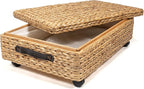 happimess BSK1006A 26.38" Chett Minimalist Hand-Woven Hyacinth/Wood Underbed Storage Bin with Wheels and Handles for Storage 