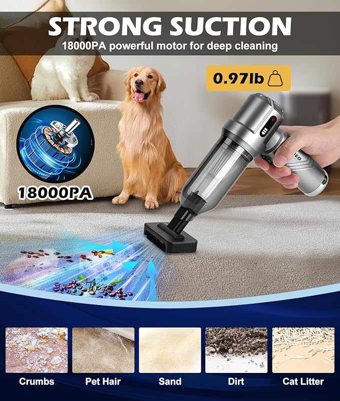 WADEO Car Vacuum Portable Cordless 18000PA, 4-in-1 Handheld Vacuum Cleaner and Air Duster with LED Display & Multi-Nozzles, M
