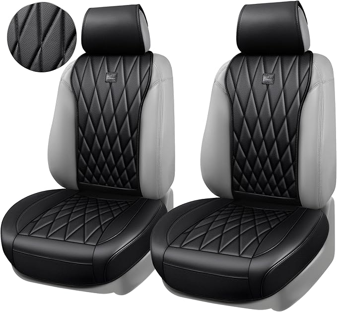 CAR PASS Luxury Napa Leather Front Car Seat Covers, Sideless Car Seat Protectors with Storage Pocket, Non-Slip Automotive Sea