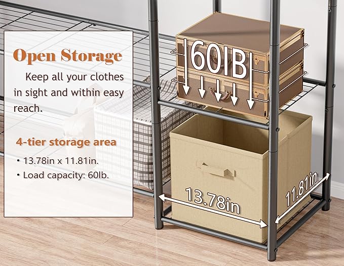 Wardrobe Closet,Portable Clothes Rack with 4 Tiers Shelves,Freestanding Closet Organizers and Storage System with Hanging Rod