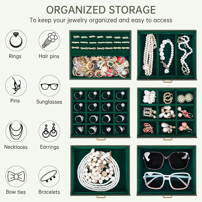 AKOZLIN 6-Tier Jewelry Box Organizer Functional 5 Drawers Leather Jewelry Storage Case for Women Girls Ring Necklace Earring 
