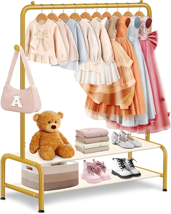Kids Gold Clothing Rack - Dress Up Clothes Rack - Baby Toddler Closet - Freestanding Coat Racks with 2 Fabric Shelves - Small