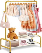 Kids Gold Clothing Rack - Dress Up Clothes Rack - Baby Toddler Closet - Freestanding Coat Racks with 2 Fabric Shelves - Small