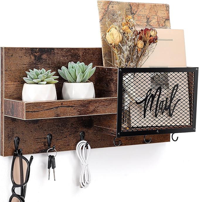 Yalikop Mail and Key Organizer for Wall with Shelf, Wall Mounted Mail Holder with Hooks, Entryway Organizer for Letters, Keys