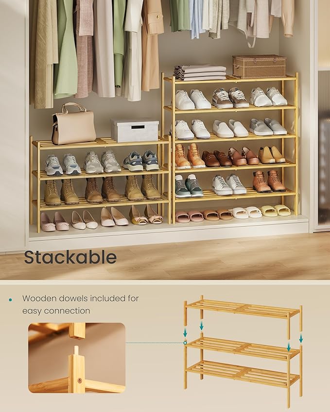 SONGMICS Bamboo Shoe Rack for Closet, Stackable Shoe Oragnizer with Modular Structure, Space-Saving Free Standing Shelf for E