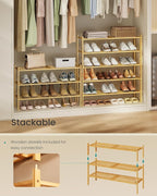 SONGMICS Bamboo Shoe Rack for Closet, Stackable Shoe Oragnizer with Modular Structure, Space-Saving Free Standing Shelf for E
