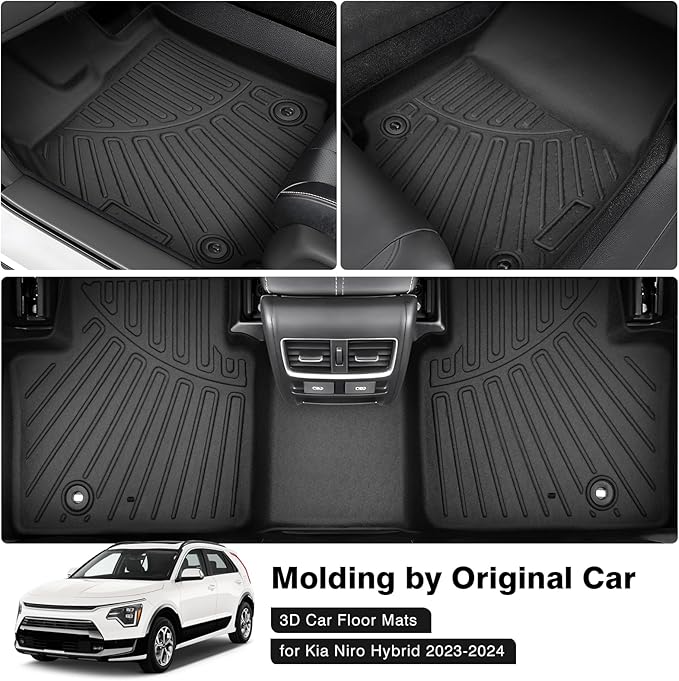 Powerty Floor Mats for 2023-2025 2026 Kia NIRO & Hybrid & HEV - All Weather Floor Liners, 3D TPE, Heavy-Duty (1st & 2nd Row, NOT for EV & PHEV)