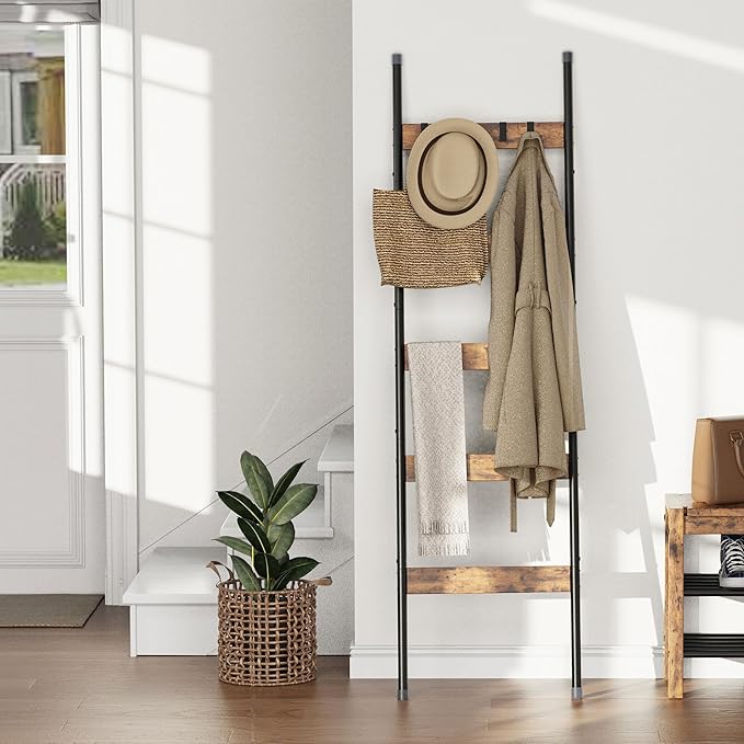 Blanket Ladder, 5-Tier Towel Holder with 4 Removable Hooks, Farmhouse Wall Leaning Decorative Rack Shelf, Wooden Towel Displa