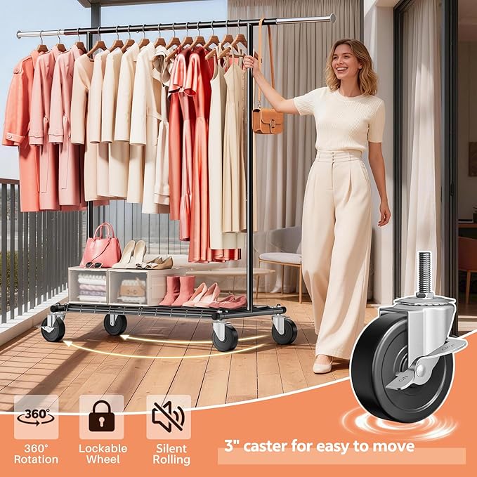 Heavy Duty Clothes Rack - Load 500 LBS, Rolling Clothing Rack for Hanging Clothes with Lockable Wheels & & Shelves, Extendabl