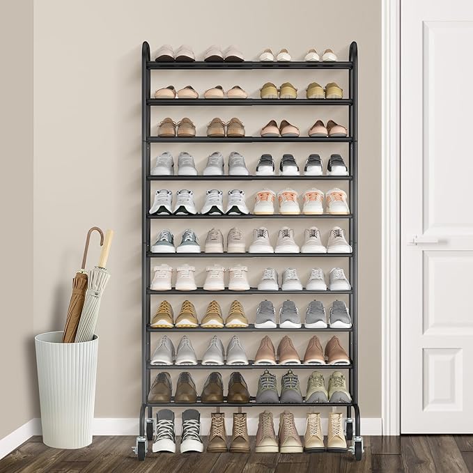 STORAGE MANIAC 10-Tier Expandable Shoe Rack, 44 Pairs Tall Vertical Shoe Rack, Heavy-Duty Metal Adjustable Shoes Organizer fo