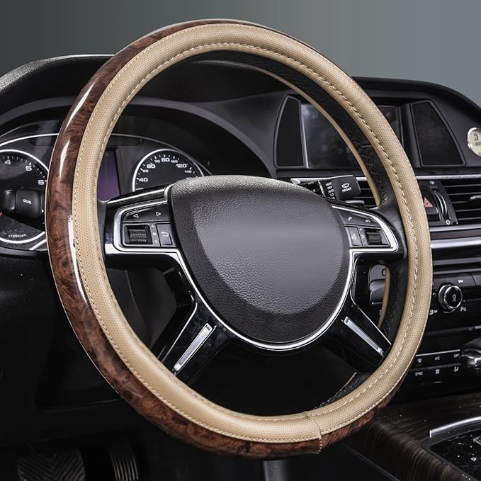 CAR PASS Wood Grain 14.5-15 inch Microfiber Leather Steering Wheel Cover, Anti-Slip Veins Design Steering Wheel Universal Fit