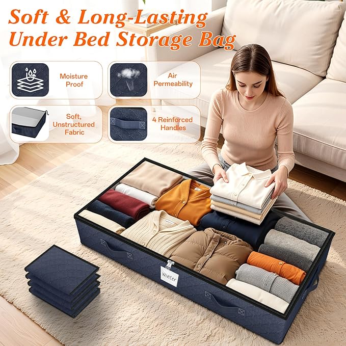 SpaceWhisper 90L Under Bed Storage Containers, 6-Pack Storage Bins with Clear Top, Foldable Closet Organizers and Storage wit