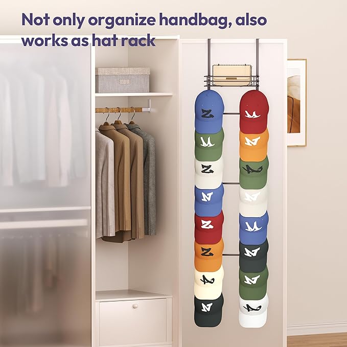 SWTYMIKI Over The Door Purse Organizer - Wall Mounted Handbag Organizer with 16 Hooks and Metal Basket, Hanging Purse Storage