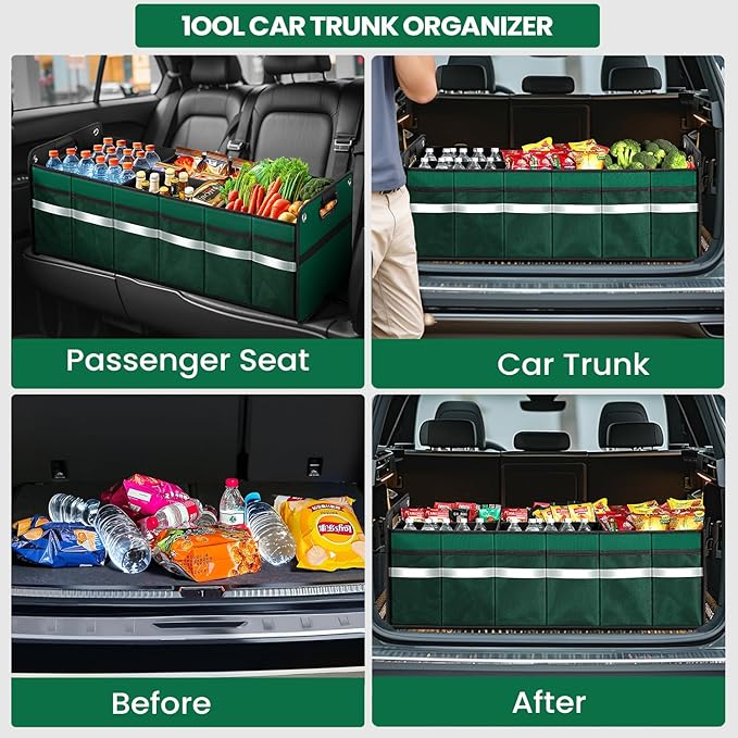 Car Trunk Organizer, Car Storage Organizer, Collapsible Multi Compartment for Car, Suv, Sedan, Truck, 100L, Extra Larger