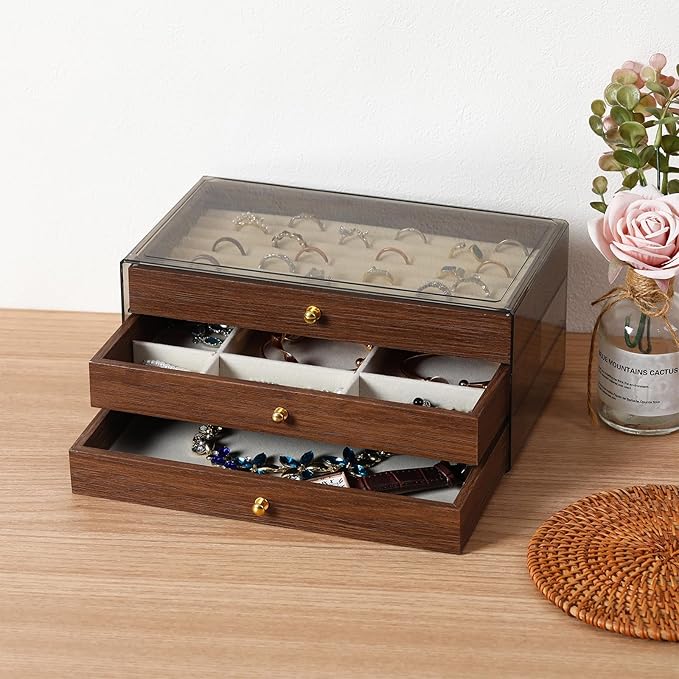CLUQMEIK 3-layer Wooden Drawer Jewelry Organizers and Storage Box with Grey Acrylic Lid and Velvet Lining, Jewelry Box for Wo
