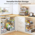 Under Sink Organizer, 2 Pack 2 Tier Pull Out Under Cabinet Organizer Shelf with Pad for Framed Cabinets, Metal Slide Out Unde