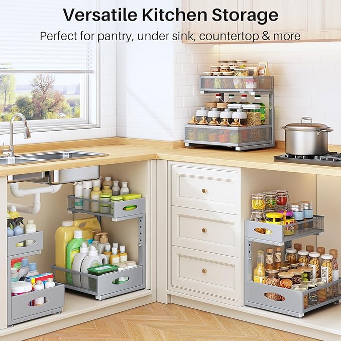Under Sink Organizer, 2 Tier Pull Out Under Cabinet Organizer Shelf with Pad for Framed Cabinets, Metal Slide Out Under Sink 