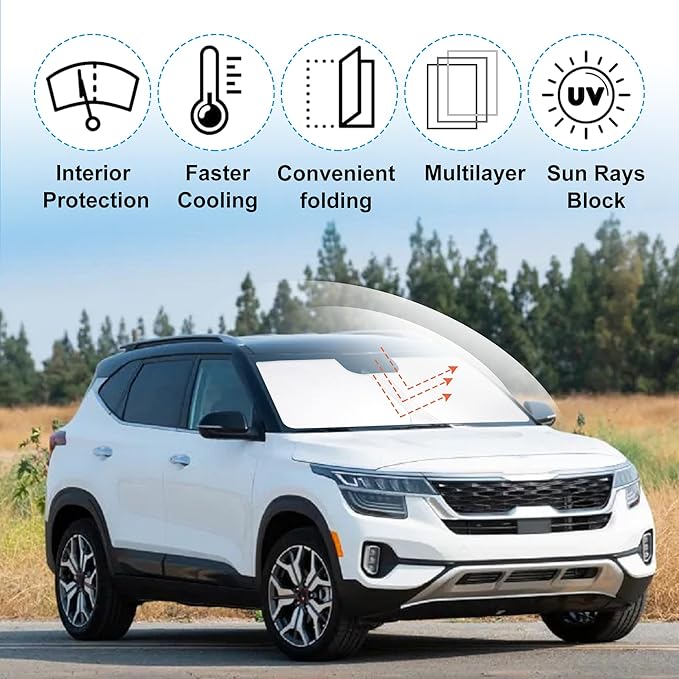 Front Windshield Sun Shade Foldable Car Front Window Sun Shade Windshield Shade Custom Fit for Kia Seltos 2021-2026 Block UV Rays Accessories Heat Keep Cooler