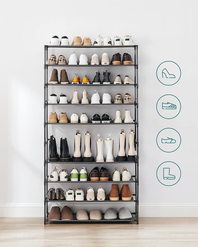 SONGMICS Shoe Rack, 10-Tier Shoe Storage Organizer, Space-Saving, 11 x 32.7 x 62.6 Inches, Entryway, Metal Frame, Non-Woven F