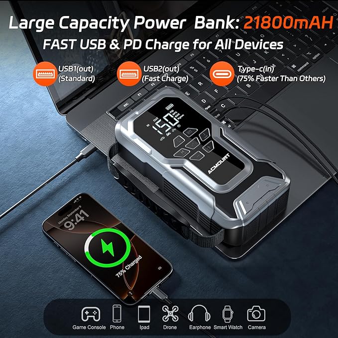 Acmount D18 Jump Starter with Air Compressor, 6000A Car Battery Jumper Starter Portable(All Gas/10.0L Diesel), 150PSI Tire