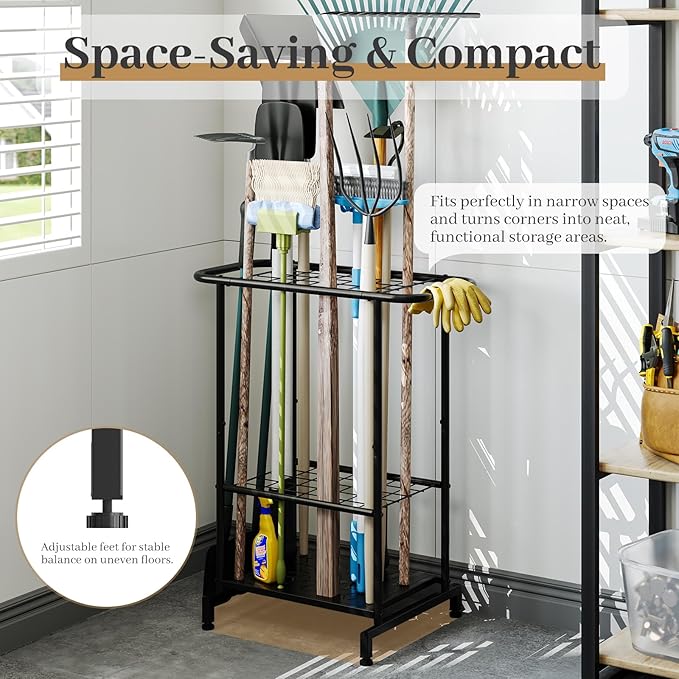 Garden Tool Organizer with Wheels, Heavy Duty Metal Garage Tool Storage Rack, Yard Tool Holder for Long-Handled Tools, Rakes 